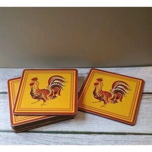 Set of‎ 7 Rooster Coasters with Cork Backing Red & Yellow